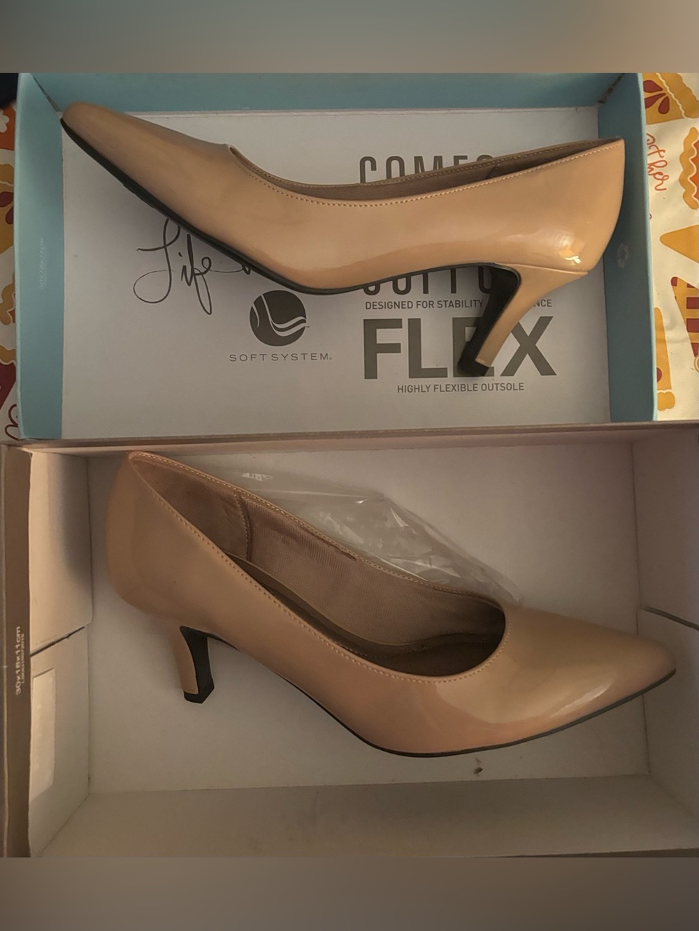 Life Stride Nude Patent Mid Heel Pumps